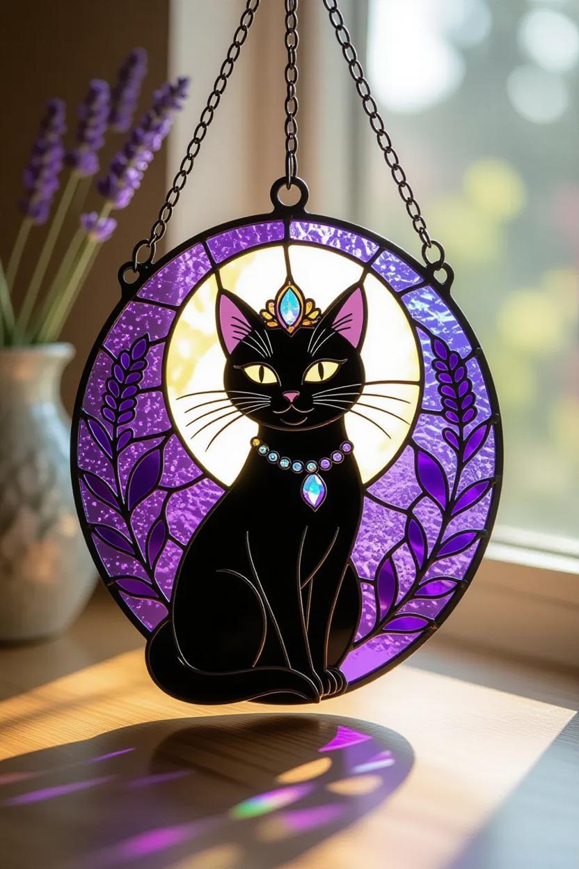 ハロウィン黒猫魔女サンキャッチャー - ステンドグラス風窓飾り、魔女
