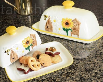 Bee Sunflower Ceramic Butter Box, Cute Unless Storage Piece With Lid And Butter Knife, Butter Keeper, Mother&#39;s Day Gift