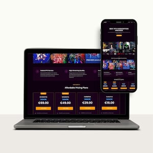 May include: A laptop and smartphone displaying a website interface with a dark purple theme. The website promotes an IPTV subscription service, with text including "Fastest IPTV Service" and "Affordable Pricing Plans."