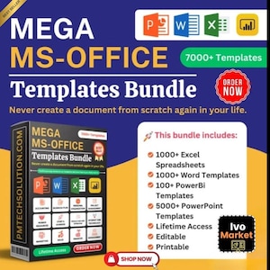 May include: A colorful digital marketing graphic advertises a bundle of 7,000+ Microsoft Office templates. The ad features icons for PowerPoint, Word, Excel, and Power BI. The text "Never create a document from scratch again in your life." is included in the ad.