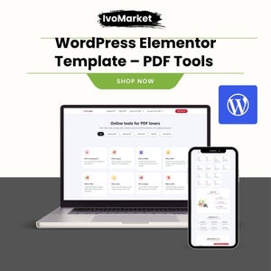 May include: A laptop and smartphone display a website interface with the text "Online tools for PDF lovers." The image also includes the text "WordPress Elementor Template - PDF Tools" and a WordPress logo.