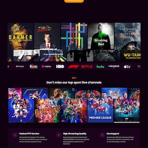 May include: A website interface for an IPTV subscription service, featuring a dark purple background with white and orange text. The page highlights popular TV shows and sports channels, with subscription plans displayed at the bottom.