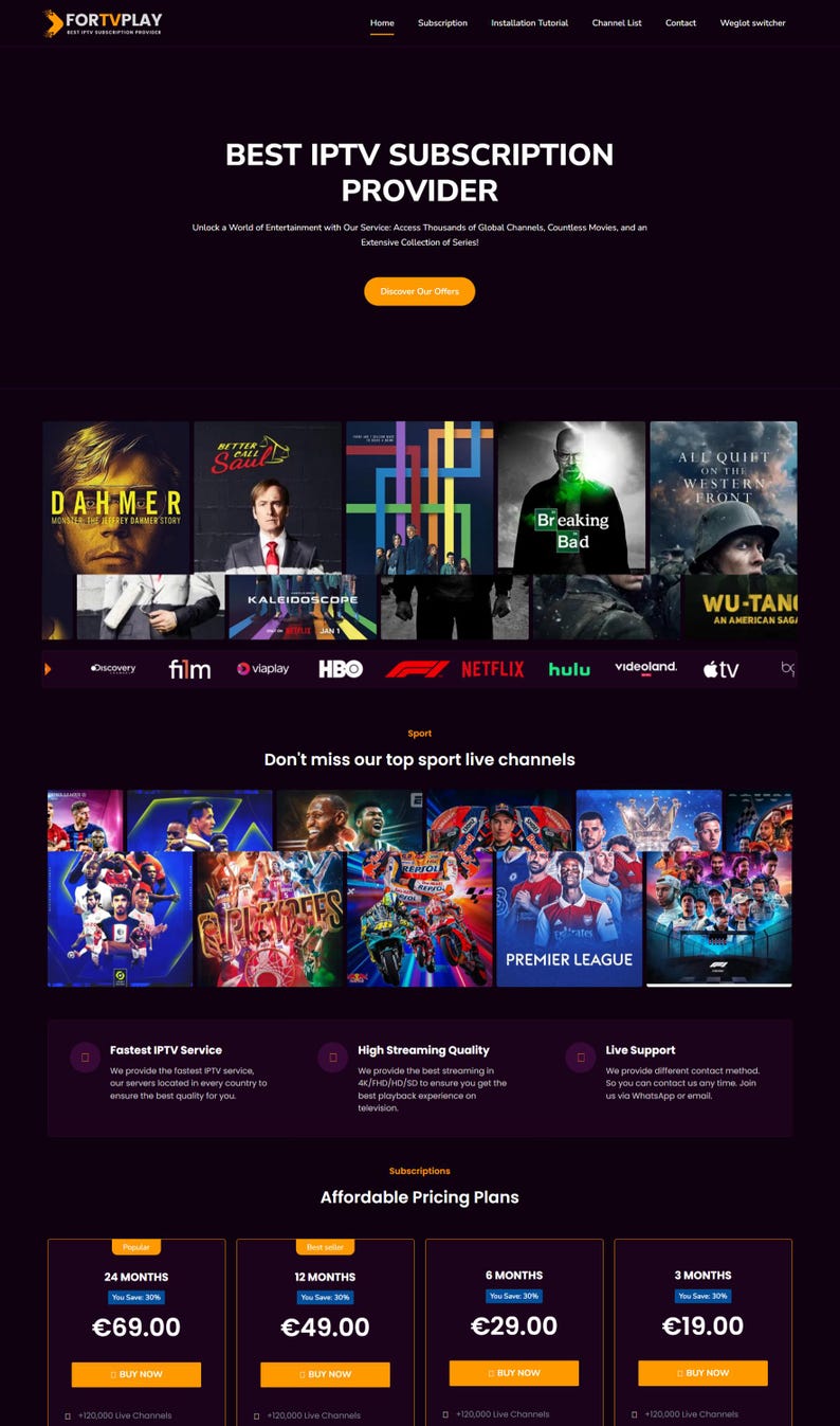 May include: A website interface for an IPTV subscription service, featuring a dark purple background with white and orange text. The page highlights popular TV shows and sports channels, with subscription plans displayed at the bottom.
