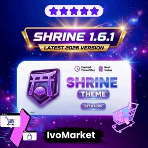 Puede incluir: Gráfico promocional para "Shrine 1.6.1", la última versión de 2026. El diseño presenta una combinación de colores púrpura y dorado con un icono de santuario estilizado, el texto "Shrine Theme" y un carrito de compras. El logotipo de IvoMarket está en la parte inferior.