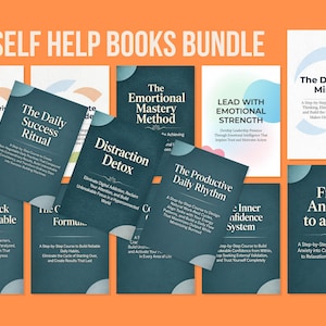 Puede incluir: Una colección de portadas de libros digitales titulada PLR SELF HELP BOOKS BUNDLE, que presenta títulos como The Daily Success Ritual, Distraction Detox, The Productive Daily Rhythm, The Emotional Mastery Method y From Anxious to at Ease sobre fondos verde azulado oscuro y blancos.