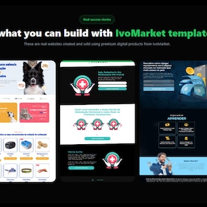 Pode incluir: A imagem mostra modelos de sites da IvoMarket. O texto diz: "Veja o que voc&ecirc; pode construir com os modelos IvoMarket". Os modelos incluem designs para suprimentos para animais de estima&ccedil;&atilde;o e um tema m&eacute;dico. O design geral &eacute; moderno e limpo.