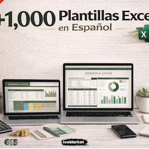 Puede incluir: Dos portátiles que muestran hojas de cálculo de Excel con datos financieros. La imagen incluye el texto "+1.000 Plantillas Excel en Español". También se ven una calculadora, un bloc de notas y un teléfono inteligente, lo que sugiere un tema de negocios o finanzas.