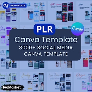 Puede incluir: Imagen promocional que presenta una plantilla de Canva para redes sociales. El texto central dice "PLR Canva Template 8000+ Social Media Canva Template". Se muestran varias plantillas de redes sociales, con el logotipo de "Canva" en un círculo. La imagen también incluye el texto "IvoMarket".