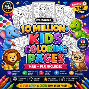Puede incluir: Una colección digital de más de 10 millones de páginas para colorear para niños con animales de dibujos animados como un cachorro, sirena, dinosaurio, elefante, león y búho. El gráfico incluye texto como IvoMarket y Bonus Commercial License.