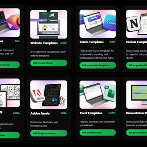 Pode incluir: Uma grade de miniaturas de produtos em um fundo preto. As miniaturas apresentam v&aacute;rios produtos digitais, incluindo cursos em v&iacute;deo, modelos de sites, modelos Canva e modelos Notion. Cada miniatura inclui um t&iacute;tulo, um n&uacute;mero e um bot&atilde;o verde de chamada para a&ccedil;&atilde;o.