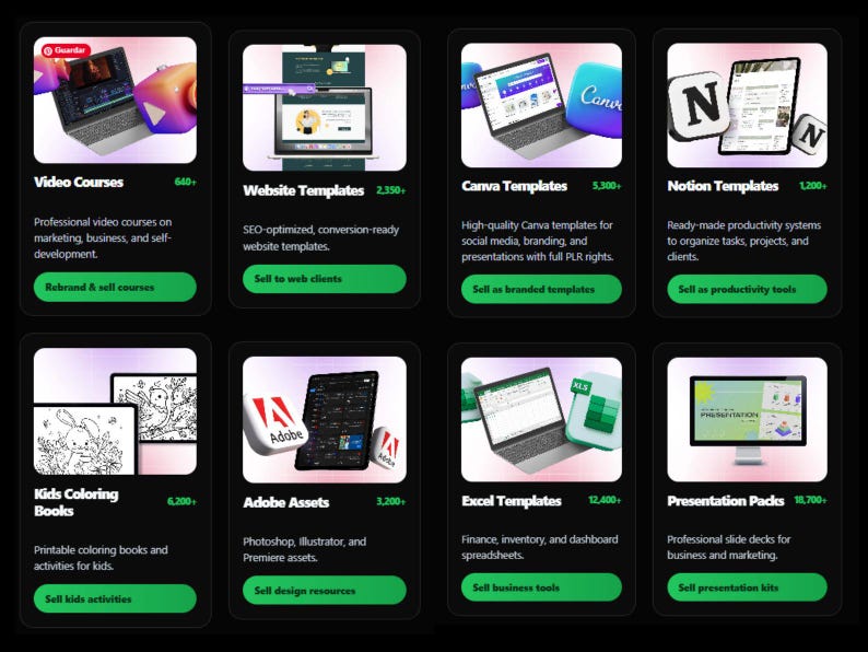 Pode incluir: Uma grade de miniaturas de produtos em um fundo preto. As miniaturas apresentam v&aacute;rios produtos digitais, incluindo cursos em v&iacute;deo, modelos de sites, modelos Canva e modelos Notion. Cada miniatura inclui um t&iacute;tulo, um n&uacute;mero e um bot&atilde;o verde de chamada para a&ccedil;&atilde;o.