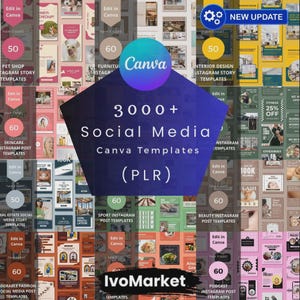 Puede incluir: Imagen promocional de plantillas para redes sociales. El gráfico central dice "3000+ Plantillas de Canva para redes sociales (PLR)". Los gráficos circundantes muestran varias plantillas de publicaciones de Instagram para diferentes nichos, incluyendo tiendas de mascotas, cuidado de la piel y diseño de interiores. Los logotipos de Canva e IvoMarket también son visibles.