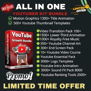以下が含まれることがあります： モーショングラフィック、タイトルアニメーション、サムネイルテンプレート、ビデオトランジション、ローワーサードアニメーション、ロイヤリティフリーミュージック、チャンネルアート、エンドスクリーンパック、ビデオコース、エッセンシャルパック、ロゴテンプレート、イントロアニメーション、サウンドエフェクト、ランキングツールなど、機能のチェックリストが記載された赤と白のYouTube Growth Bundleキット。テキスト「Promo!」は赤と白の横断幕にあります。