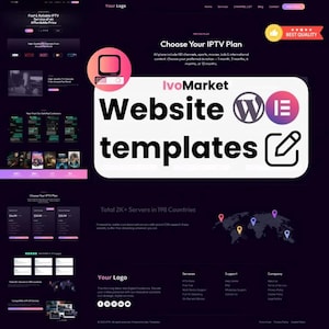Puede incluir: Diseño de plantilla de sitio web con fondo morado oscuro. El texto "IvoMarket Website templates" se muestra de forma destacada. El diseño incluye un gráfico de mapa del mundo y varias opciones de servicio.