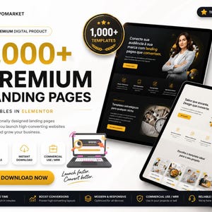 May include: A digital product advertisement for 1,000+ premium landing pages editable in Elementor. The graphic features two tablet screens displaying website layouts, a laptop icon, and text including '1,000+ PREMIUM LANDING PAGES' and 'DOWNLOAD NOW'.