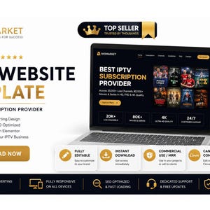 Puede incluir: Una plantilla de sitio web IPTV digital que muestra una computadora portátil y un teléfono inteligente con una interfaz negra y detalles dorados. El diseño incluye texto como IVOMARKET, BEST IPTV SUBSCRIPTION PROVIDER y 12+ PRE-MADE TEMPLATES, junto con iconos para funciones como totalmente editable, descarga instantánea y compatibilidad con Canva.