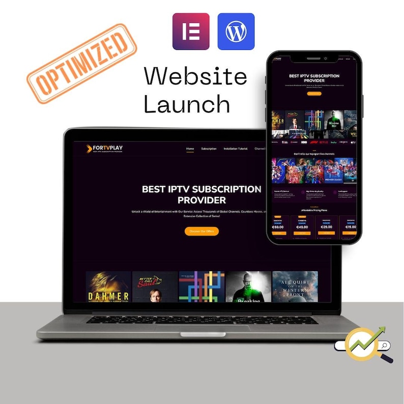 May include: A laptop and smartphone displaying a website interface with the text "BEST IPTV SUBSCRIPTION PROVIDER." The laptop screen shows a dark purple background with movie titles. The smartphone shows subscription options. The image includes the word "OPTIMIZED."