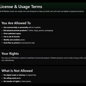 Pode incluir: Um ecr&atilde; preto exibe o texto "Termos de Licen&ccedil;a e Uso" e "Voc&ecirc; est&aacute; autorizado a", listando os usos permitidos dos ativos IVOMarket. O texto detalha o uso comercial e pessoal, a venda de produtos impressos e a modifica&ccedil;&atilde;o de ativos.