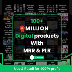 Könnte beinhalten: Werbegrafik mit dem IVOMARKET-Logo und dem Text "100+ MILLION Digital products With MRR & PLR". Das Bild enthält auch Text wie "Adobe Illustrator Assets", "Photoshop Assets" und "T-Shirt Designs". Ein grüner Pfeil zeigt nach oben.