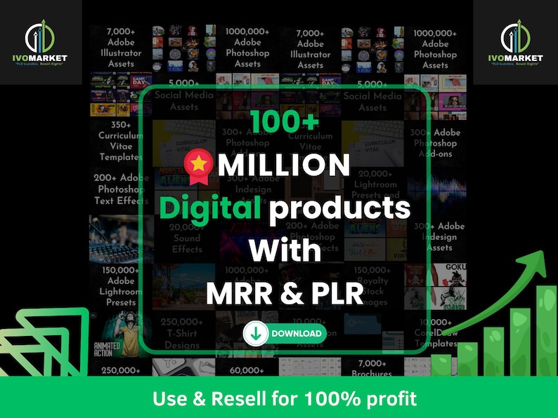 Pode incluir: Gr&aacute;fico promocional com o logotipo IVOMARKET e o texto "100+ MILLION Digital products With MRR & PLR". A imagem tamb&eacute;m inclui texto como "Adobe Illustrator Assets", "Photoshop Assets" e "T-Shirt Designs". Uma seta verde aponta para cima.