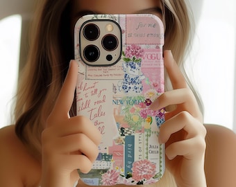 Coquette Pink Floral Bookish Collage Phone Case: Vintage Book Lover iPhone 17 16 15 14 13 12 11 X 8 Pro Max Plus Air MagSafe Google Samsung