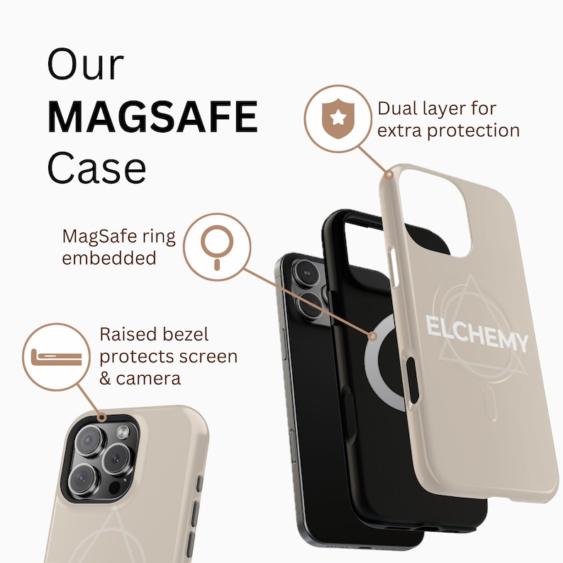 May include: A beige MagSafe phone case with the text "ELCHEMY" and a geometric design. The case has a dual layer for extra protection, a raised bezel to protect the screen and camera, and an embedded MagSafe ring. The text "Our MAGSAFE Case" is at the top.