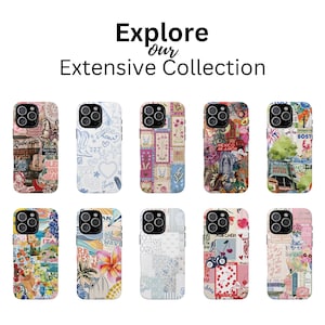 May include: A collection of ten phone cases with various designs. The cases feature colorful patterns, including floral, travel-themed, and abstract designs. The text "Explore Our Extensive Collection" is displayed at the top.