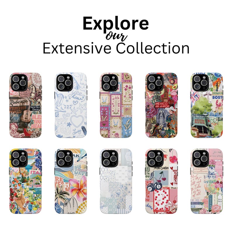 May include: A collection of ten phone cases with various designs. The cases feature colorful patterns, including floral, travel-themed, and abstract designs. The text "Explore Our Extensive Collection" is displayed at the top.