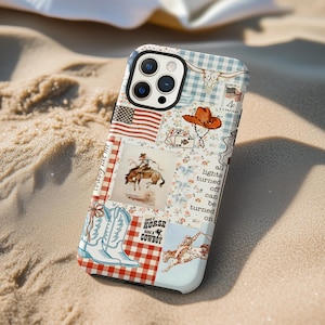 May include: A phone case with a collage of Western-themed images. The design includes an American flag, a cowboy on a horse, a cowboy hat, and cowboy boots. The case has a red and white checkered pattern and the text "Save a horse ride a cowboy".