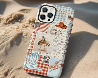 Western Cowgirl Collage Phone Case: Gingham Cowboy Boots Floral iPhone 17 16 15 14 13 12 11 X Pro Max Plus Air MagSafe Google Samsung Galaxy
