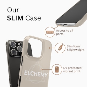 May include: A slim phone case in a neutral tone, with the word "ELCHEMY" and a geometric design. The case is shown with a black phone, highlighting its features: access to all ports, slim form, lightweight design, and UV-protected vibrant print.