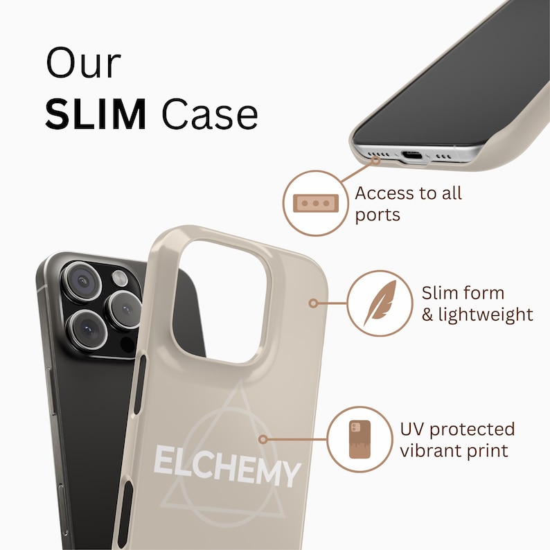 May include: A slim phone case in a neutral tone, with the word "ELCHEMY" and a geometric design. The case is shown with a black phone, highlighting its features: access to all ports, slim form, lightweight design, and UV-protected vibrant print.