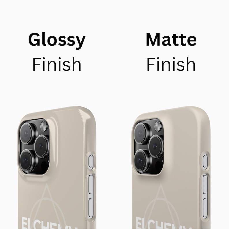 May include: Two phone cases, one with a glossy finish and the other with a matte finish, are displayed side-by-side. Both cases are beige and feature a camera cutout and side buttons. The text "Glossy Finish" and "Matte Finish" are above the cases.
