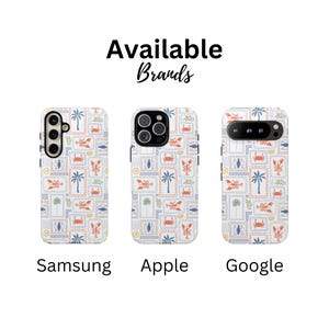 May include: White phone cases with a repeating pattern of crabs, palm trees, and fish. The cases are available for Samsung, Apple, and Google phones. The text "Available Brands" is above the phones, and the brand names are below.