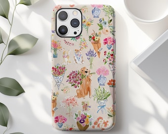 Watercolor Dog Floral Phone Case: Pastel Bouquet Flower Spring iPhone 17 16 15 14 13 12 11 X Pro Max Plus Air MagSafe Google Samsung Galaxy