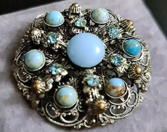 Faux turguoise retro broche Blauwe turguoise zilveren broche Vintage sieraden cadeau voor vrouwen