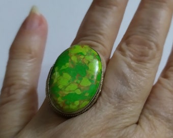 Green jasper silver ring light green ocean jasper ring  Vintage silver oval ring 6 size