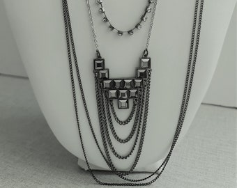 Multi-strand black and silver chain necklace Black multi-layer chain Extra long vintage necklace