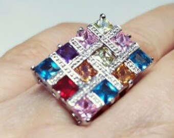 Multi stone colorful ring Multi color sterling silver ring Cluster rhinestone vintage ring