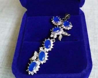 Navy blue sapphire necklace Cluster sapphire pendant silver Blue flower vintage necklace