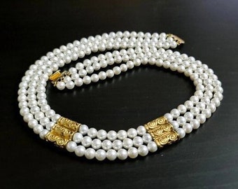 White pearl multi strand retro necklace Faux pearl vintage choker Gold filigree pearl necklace