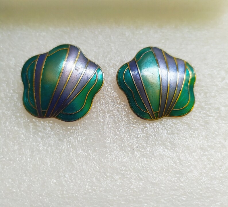Enamel green earrings stud Flower earrings gold Large vintage 70s earrings