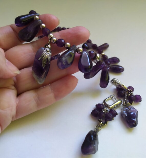 Natural amethyst vintage jewelry set Extra long a… - image 5