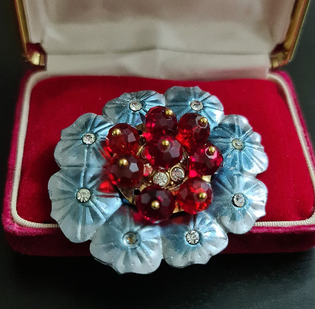 Metal Blue Flower Brooch Retro Brooch Swarovski Crystal Red Brooch