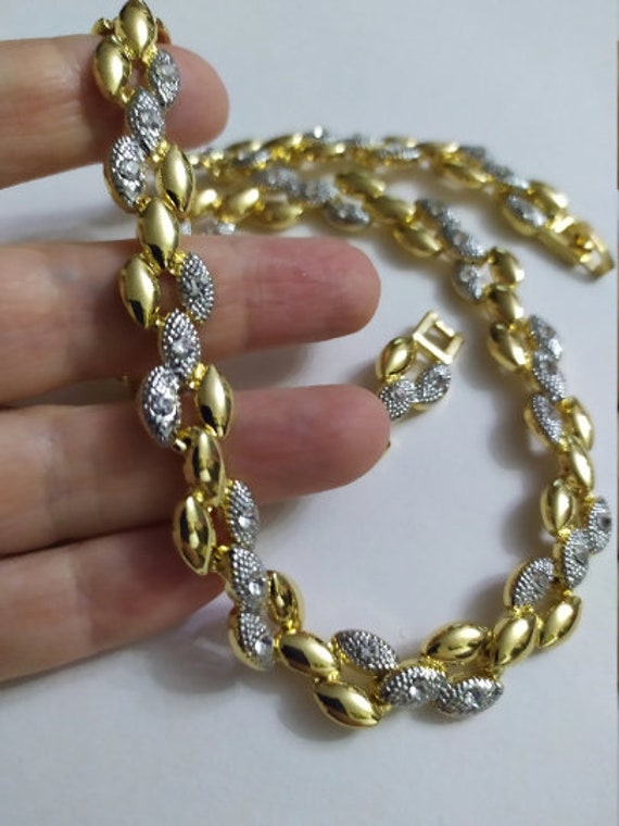 Wide gold plated link chain necklace Vintage silver a… Gem