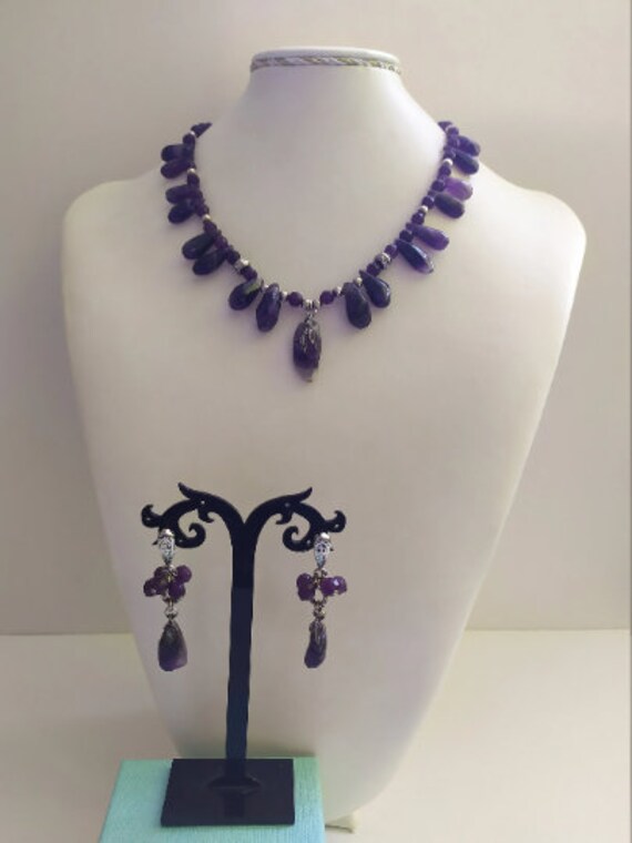 Natural amethyst vintage jewelry set Extra long a… - image 1