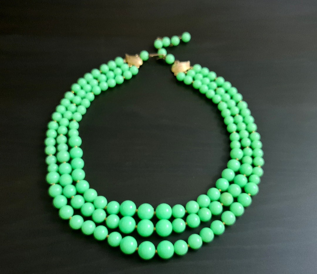 Grren Neon Bead Necklace Green Multi Strand Vintage Necklace Etsy