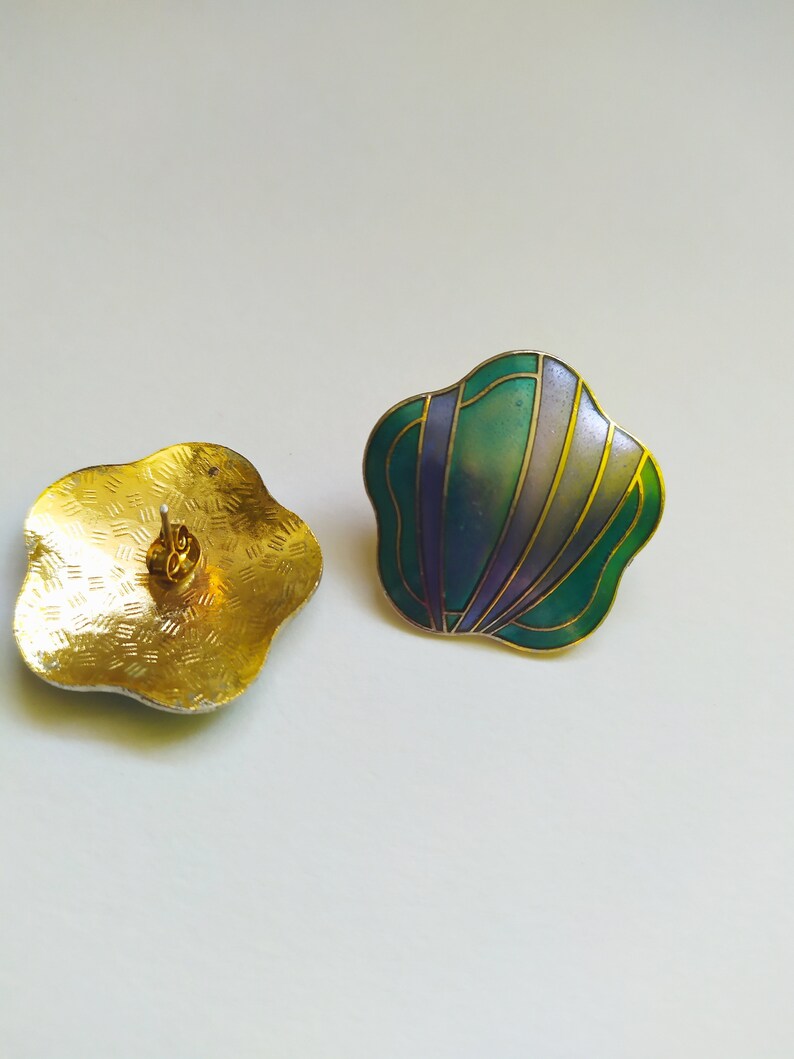 Enamel green earrings stud Flower earrings gold Large vintage 70s earrings