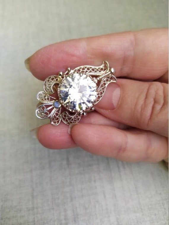 Natural white zircon ring Large filigree diamond … - image 2