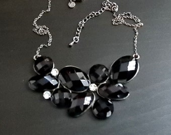 Black glass signed M&S necklace Marks Spencer bib necklace Clear rhinestone vintage necklace